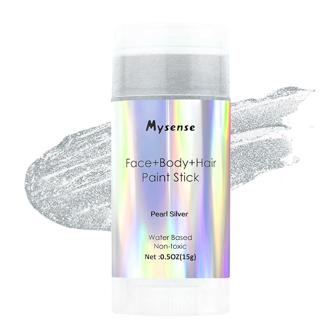 Mysense Pearl Silver Face Body Hair Paint Stick,Water Based Washable Temporary Hair Color,Non-toxic Cream Blendable Metallic Face Painting for Halloween Costume SFX Cosplay Makeup,0.5oz