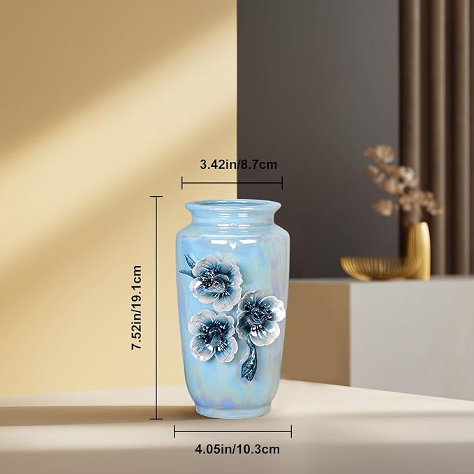 Blue Ceramic Vase 7 Inch - Small Decorative Vase with Floral Pattern, Ideal for Coastal & Modern Home Decor, Bathroom and Shelf Accent