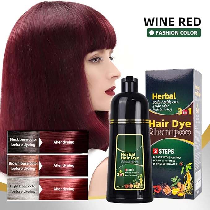 HUDABABY Wine Red Hair Dye Shampoo 3 in 1 Herbal Natural Dye Cover Gray, for Women/Men Hair Color for Grey Coverage (Wine Red)