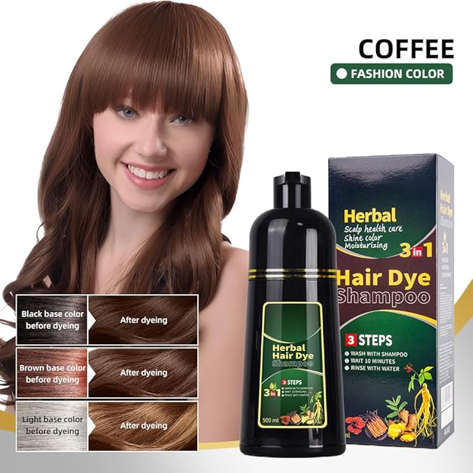 HUDABABY Coffee Hair Dye Shampoo 3 in 1 Herbal Natural Dye Cover Gray, for Women/Men Hair Color for Grey Coverage (Coffee)