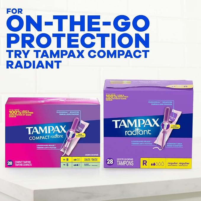 Tampax Radiant Tampons for Women Multipack,with LeakGuard Braid,Regular/Super Absorbency,Unscented,84 Count (Pack of 2)