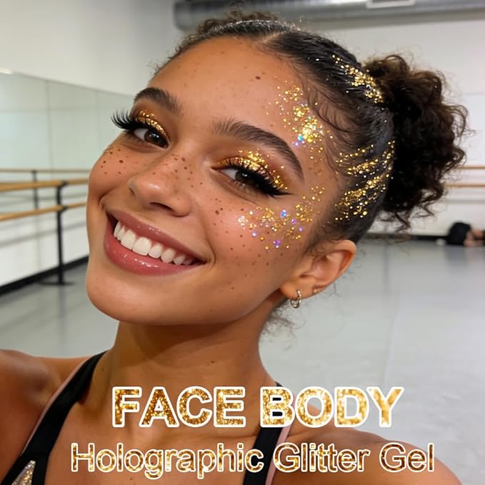 Gold Face Body Hair Glitter Gel for Women and Kids, Monochrome Holographic Mermaid Sequins Chunky Glitter Paint Makeup for Mardi Gras Halloween Festival Rave Outfits Accessories, 1.7oz, #02