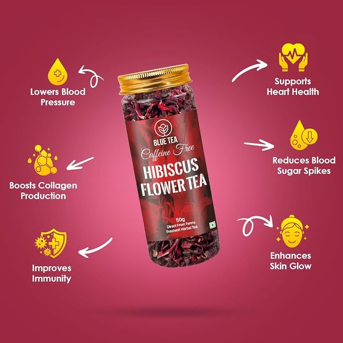 BLUE TEA - Hibiscus Tea - 1.76 Oz - Pack of 2 (100 Cups) Loose | SKIN GLOW ENHANCING TEA | Herbal Tea - Flower Based - Non-Bitter - Caffeine Free - Tangy Flavour - Vegan | Reusable Pet Jar