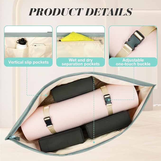 Aucuu Large Yoga Mat Bag, Yoga Mat Tote Carrier for Women Men, with Yoga Mat Holder Strap, Bottle Pocket and Wet Compartment