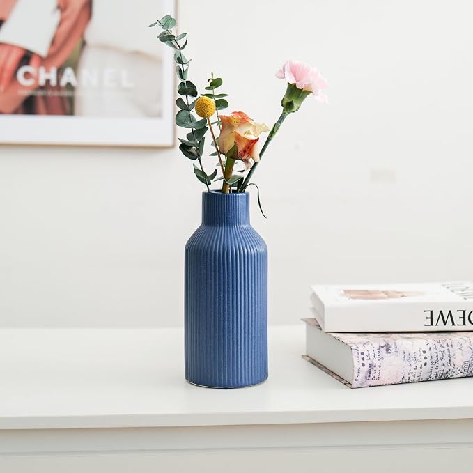 Bohemian Blue Ceramic Vase - for Pampas Grass, Mantel, Bookshelf, Entryway and Living Room Decor (Blue, 8in)