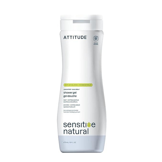 ATTITUDE Body Wash for Sensitive Skin with Oat, EWG Verified, Dermatologically Tested, Vegan, Extra Gentle, Unscented, 16 Fl Oz