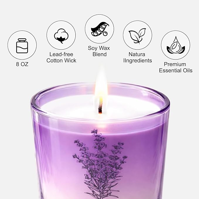 Lavender Soy Scented Candle for Women, Aromatherapy Glass Jar Candle with Wooden Lid, Home Fragrance Candle for Bedroom, Living Room and Bathroom, Gift for Birthday, Housewarming and Holidays