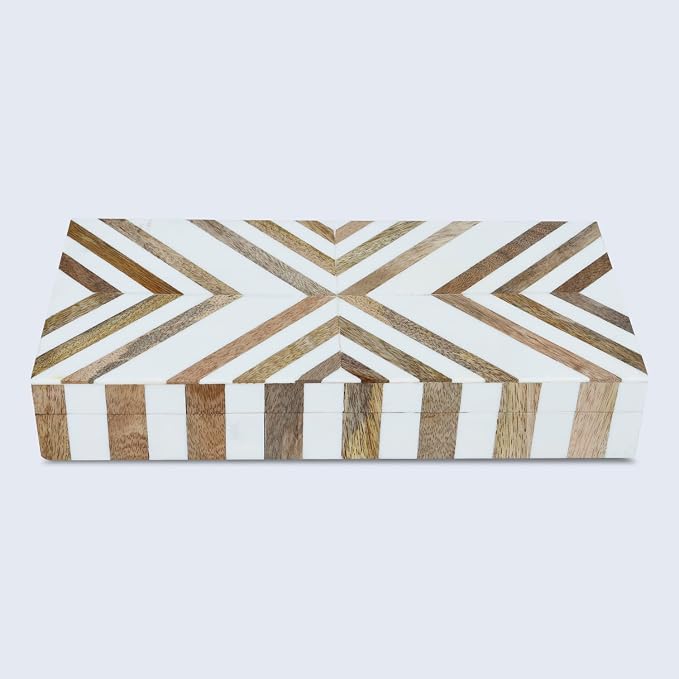 Handicrafts Home Large Decorative Storage Box with Lid Wooden Decorative Box Coffee Table Storage Box Living Room Organizer – Resin Inlay Marquet Chevron Collection - 12x6x2