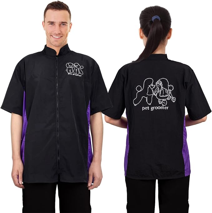 Pet Grooming Uniform Dog Cat Groomer Smock for Men Women, Short Sleeve, 3XL | Anti-Static & Splash Proof Pet Beautician Uniforms, Hair Repellent Smock & Trousers for Professional Dog Cat Grooming Salon