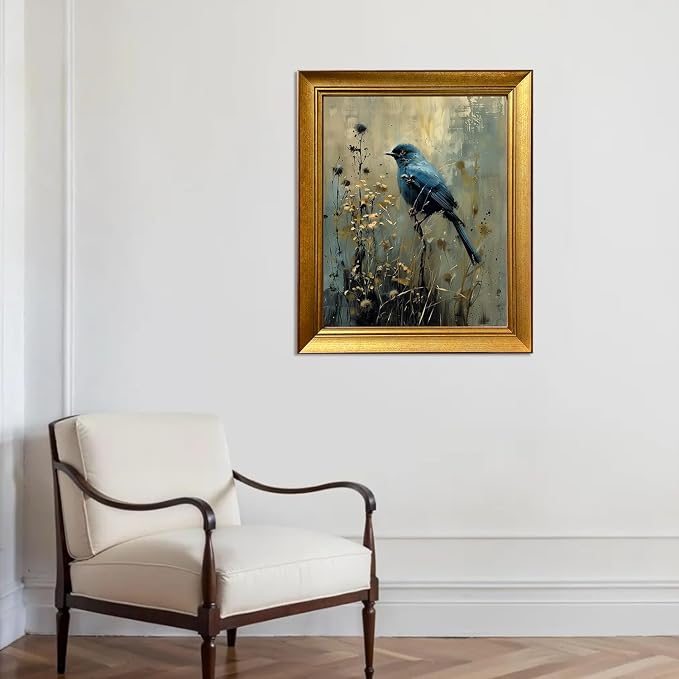 Vintage Blue Bird Canvas Print Gold Framed Wall Decor Dark Cottage Core Farmhouse Wall Art Academia Gothic Aesthetic Moody Botanical Woodland Oil Painting Artworks for Bedroom Living Room Decor