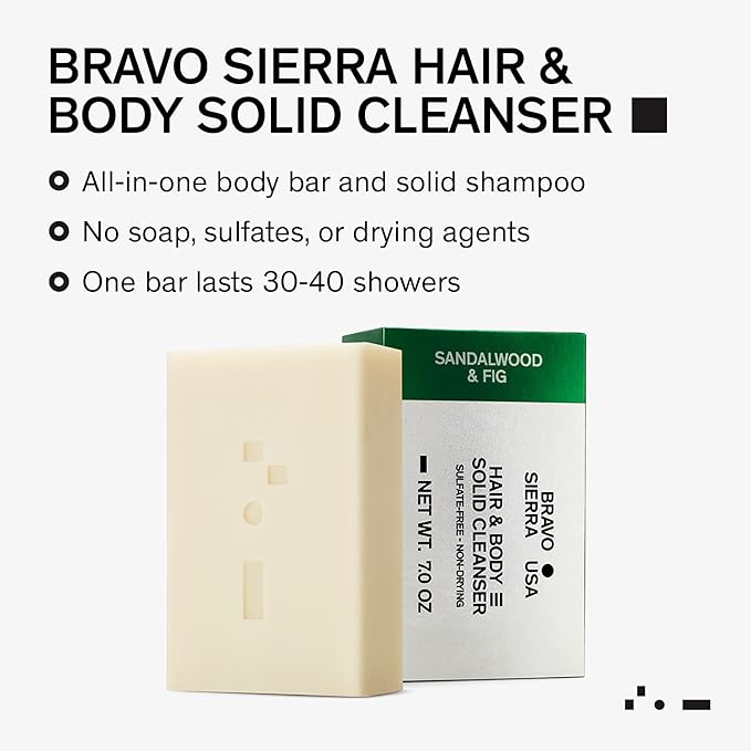 Bravo Sierra Sandalwood & Fig All-In-One Shampoo Bar for Face, Hair & Body - Coconut, Shea Butter & Oats for Soft Skin & Healthy Hair, 3-Pack, 7 oz
