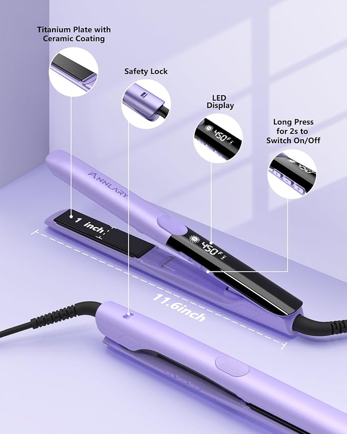 Annlary Hair Straightener 1 Inch Flat Iron and Curler 2 in 1 Titanium Ceramic Ionic Dual Voltage Straightener with Heat-Resistant Silicone, for Less Frizz, Shinier & Smoother