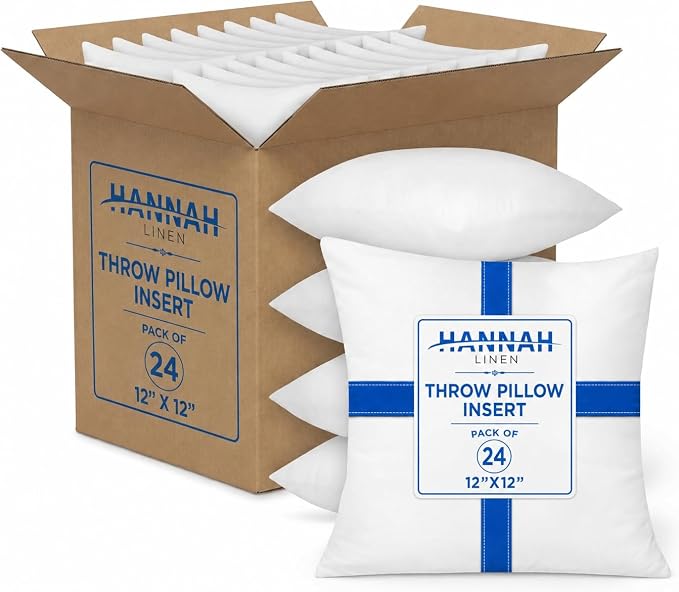 Hannah Linen Throw Pillow Inserts 12x12 – 24 Pack Square Decorative Pillow Insert for Couch, Sofa & Bed, Soft Fluffy Polyester Filled Cushion Stuffers, Indoor Home Decor Pillows
