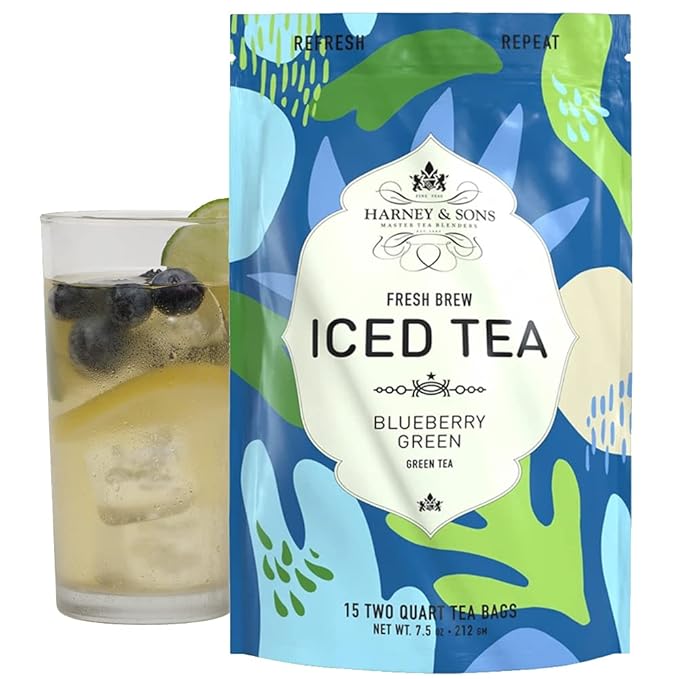 Harney & Sons Fresh Brew Iced Tea, Blueberry Green Tea, 15 Iced Tea Bags, Brews Up to 30 Quarts, Fruity Green Tea
