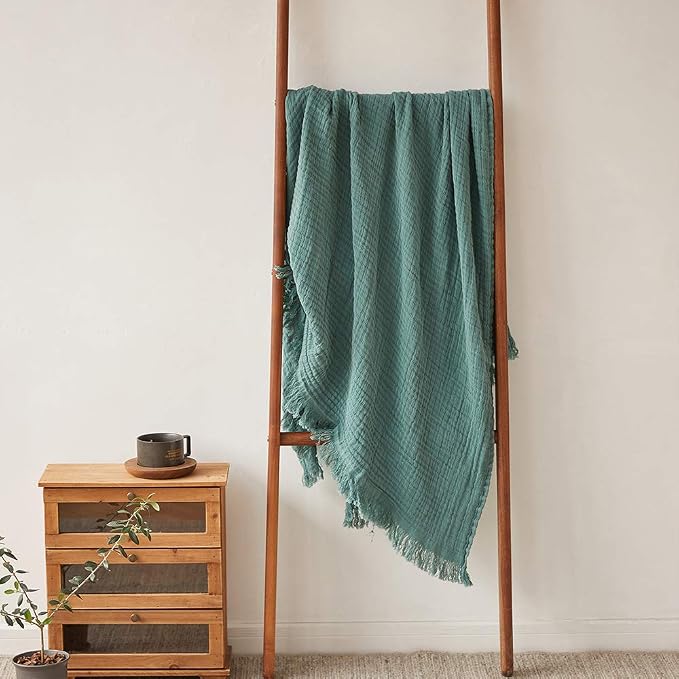 Simple&Opulence Cotton Muslin Throw Blanket for Bed, Couch, Knit Woven Gauze Blanket with Tassels, Soft Lightweight Cozy Pre-Washed Breathable Farmhouse Decoration for All-Season (Dark Green)