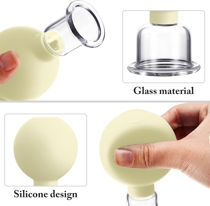 BBTO 4 Pcs Glass Facial Cupping Set Silicone Vacuum Suction Massage Cups Skin Tightening Therapy for Face Body Eyes Back Shoulder Pain(Yellow)