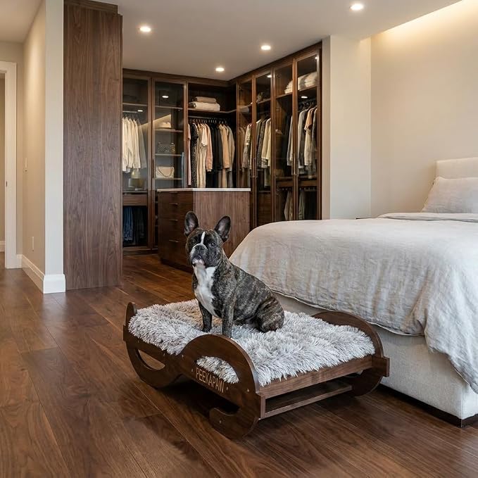 Wooden Elevated Dog Bed with Plush Mattress,M, Up to 60 lb | Raised Dog Bed Furniture with Walnut GrainPattern Frame, Designer Pet Sofa for Indoor Home Decor