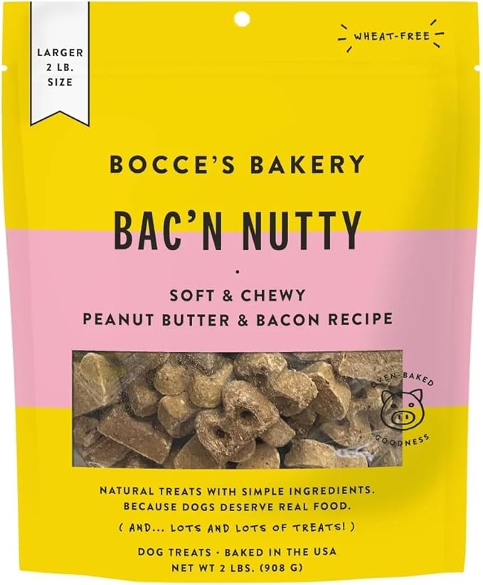 Bocce's Bakery Bac' N Nutty Soft & Chewy Peanut Butter & Bacon Recipe Natural Dog Treats, Wheat-Free, 2 lb (Pack of 1) | All-natural recipe with real ingredients baked in small batches—ideal training rewards or everyday snacks for dogs
