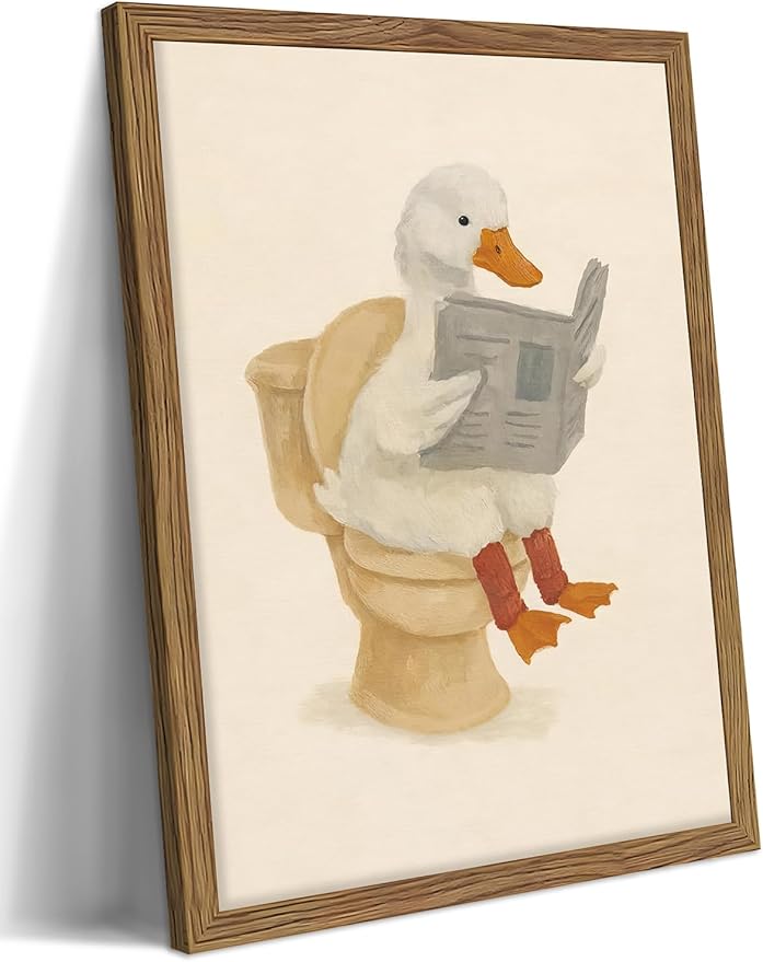 Framed Duck Bathroom Wall Art, Whimsical Duck Reading on Toilet, Funny Kids Bathroom Wall Decor, Vintage Farmhouse Toilet Decor, Cute Animal Canvas Print for kids Room 12x16 inch