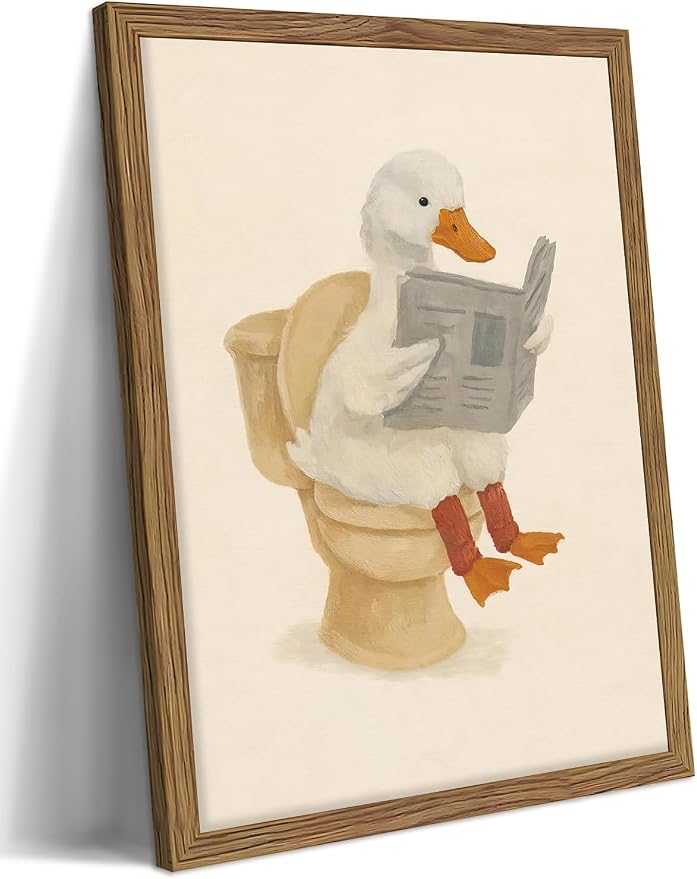 Framed Duck Bathroom Wall Art, Whimsical Duck Reading on Toilet, Funny Kids Bathroom Wall Decor, Vintage Farmhouse Toilet Decor, Cute Animal Canvas Print for kids Room 8x10 inch