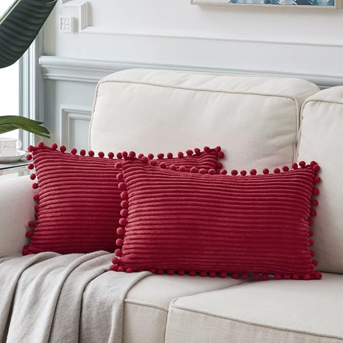 Fancy Homi 2 Packs Burgundy Lumar Decorative Throw Pillow Covers 12x20 Inch with Pom poms, Christmas Home Decor, Soft Corduroy Accent Rectangle Cushion Case for Living Room Couch Bed Sofa