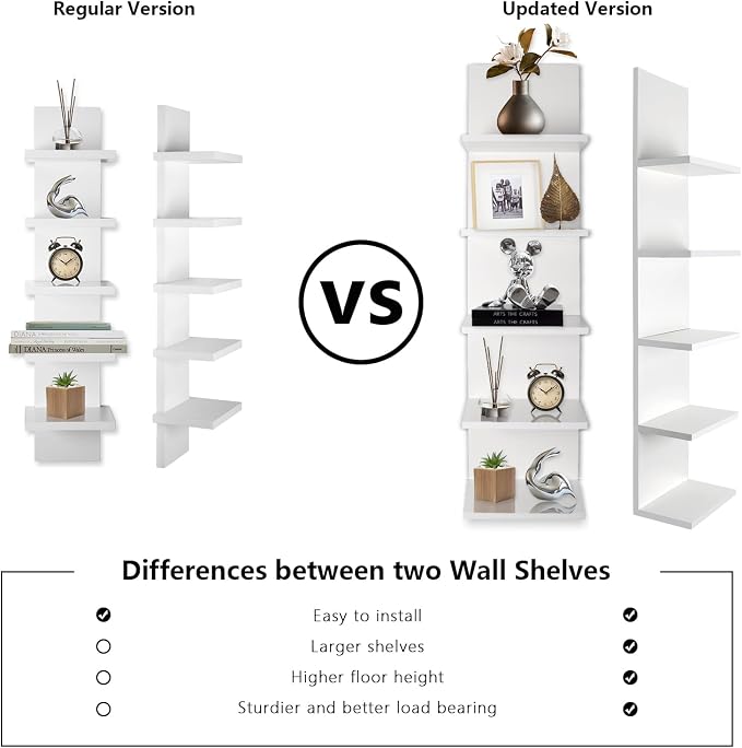 5 Tier Wall Shelf, Wall Mounted Shelves Unit for Living Room Bedroom, Floating Shelves Decor Organizer Tall(White), White