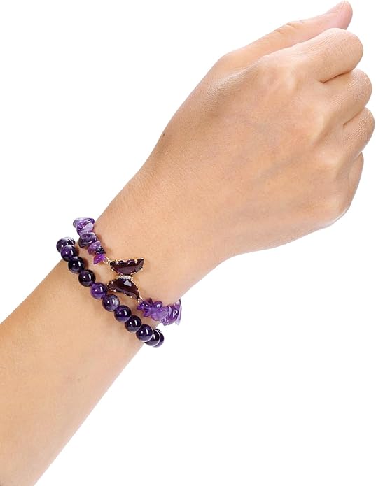 Top Plaza Amethyst Bracelet Healing Crystal Stone Bracelet for Women 8mm Crystal Beads Butterfly Charms Stretch Bracelet Handmade Energy Gemstone Bracelet Jewelry