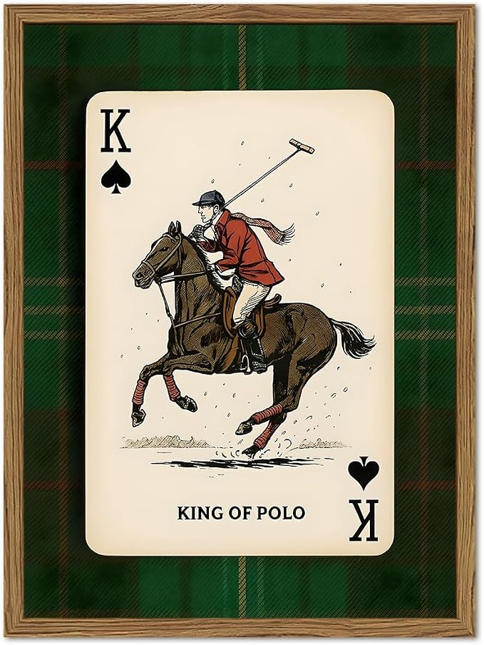 Vintage Equestrian Wall Art, King of Polo Wall Decor Painting Rustic Race Horse Sports Poster Canvas Prints Picture for Game Room Living Room Bedroom 12x16 inch Wood Framed
