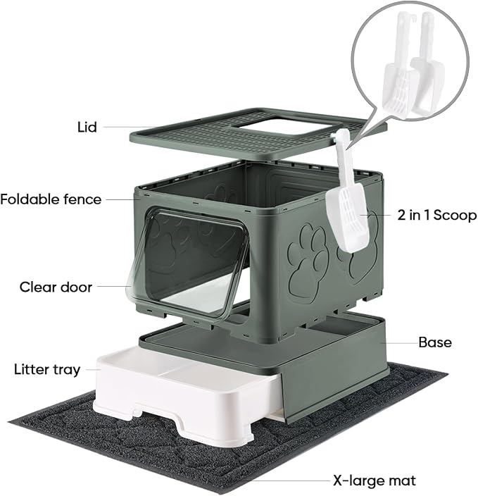 Cat Litter Box with X-Large Litter Mat and Scoop(Upgrade Olive Green) | Large Covered Litter Box with Lid, Enclosed Kitty Box,Front Top Entry Exit, Odor Control Easy to Clean