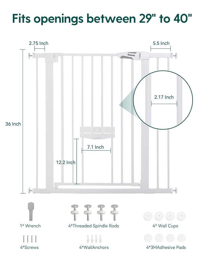 Babelio 36" Tall Baby Gate with Cat Door, CatPrivilege II, 29-40" | 6-Level Adjustable Metal Pet Gate, Auto-Close Safety Gates with Pet Door, Easy Walk Thru, White