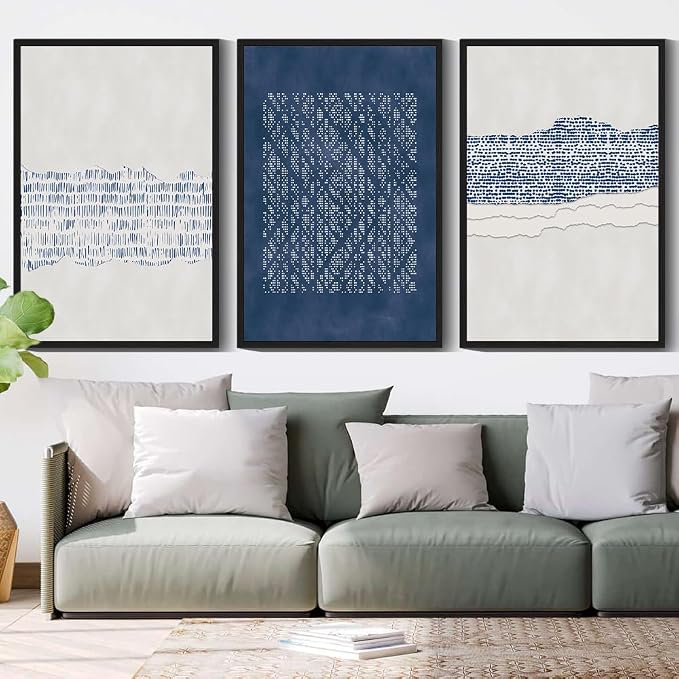 Drsoum Blue Abstract Boho Framed Wall Art Large 24x36in Minimalist Mid-Century Modern Wall Decor Geometric Artwork Kitchen Dining Room Black Framed