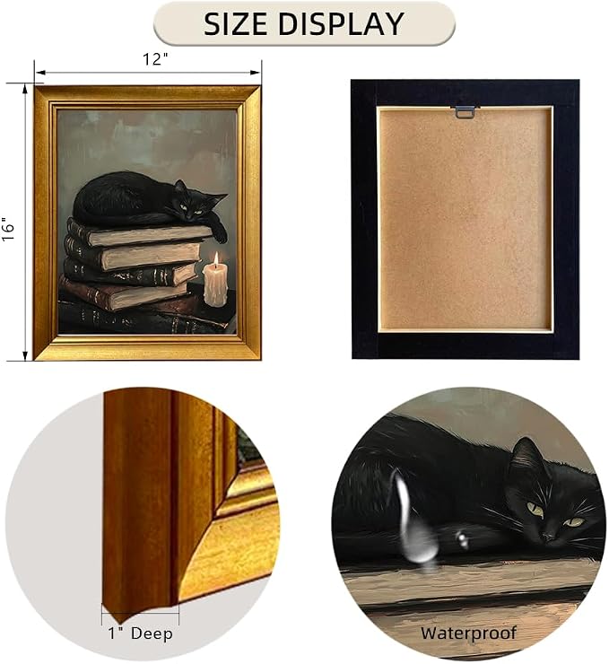 Vintage Gold Framed Wall Art Black Cat Print Poster Antique Cat Painting Artworks for Study Room Bedroom Home Decor Aesthetic