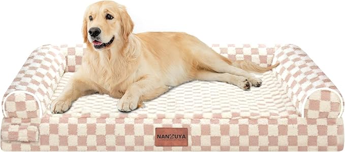 Orthopedic Dog Bed for Large Dogs, 36 x 27 Inch, Pink Grid | Egg crate foam for joint support, 3-sided bolster pet sofa, waterproof lining, washable cover, and non-skid base