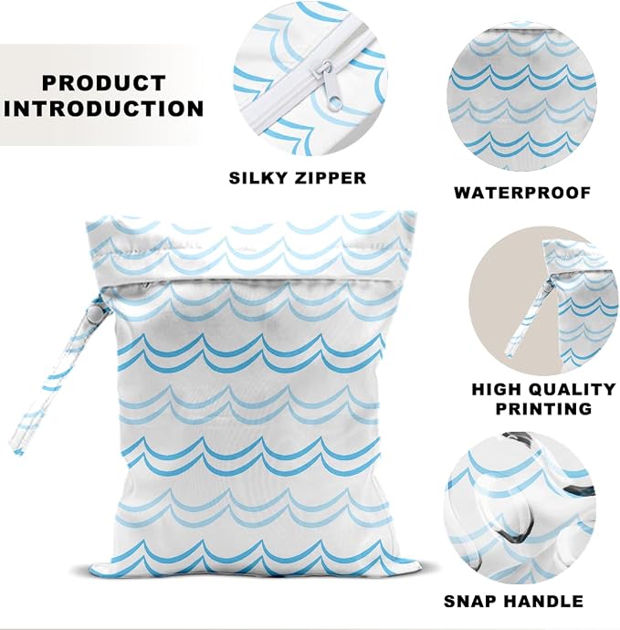 Blue and White Wave Pattern Wet Bag 12x10 Inch, Wet Dry Bag for Swimsuit Travel Beach Pool Stroller Diapers Dirty Yoga Gym Clothes Toiletries Waterproof Reusable with Two Zippered Pockets & Handle