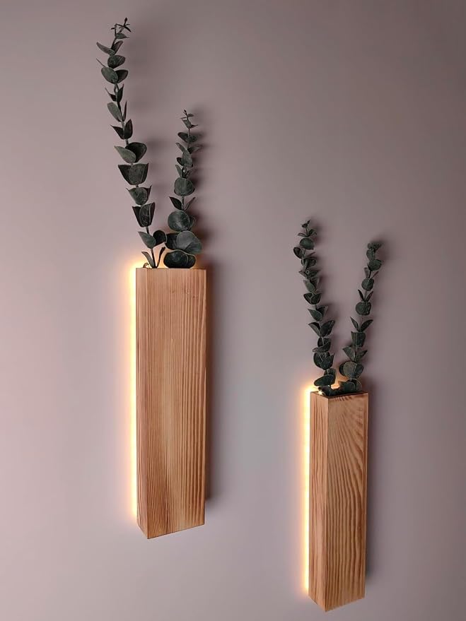 Wood Wall Planter Vase with Lights Artificial Hanging Plants for Wall Decor | Fake Plants with Remote Controls Greenery Wall Art for livingroom Bedroom Kitchen Bathroom Home Office Room Decoration