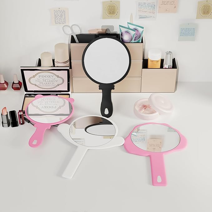 Compact Hand Mirror 2 Pcs – High-Definition Glass, Men or Women Salon Hairdressing Barber Hand Mirrors with Handle, Mini Mirror for Purse, Travel and Present (Pink, 5.91" L x 9.84" W (Cat Ears))