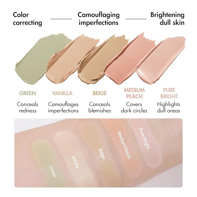 LUNA Conceal Blender Palette 01 Clear Cover 5-in-1 Color Correcting and Concealing with Beige, Green, Vanila, Medium Peach and Pure Bright Buildable, Suitable for Neutral and Warm Tones