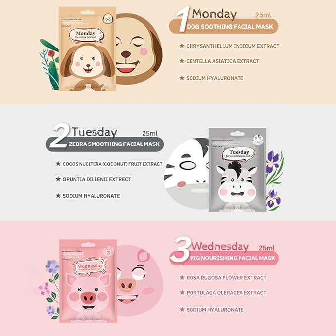 evpct 8-Pack Animal Sheet Face Facial Masks for Women Skincare Spa, Cute Facial Spa Day Slumber Sleepover Birthday Party Favors Supplies Kit, Natural Ingredients, Hydrate and Soothe for All Skin Types