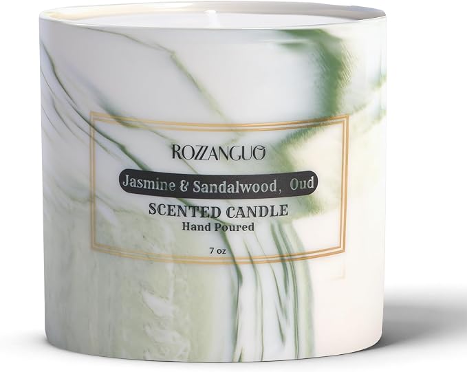 Luxury Marble Jar Scented Candle | Women Men | Non Toxic 100% Natural Coconut & Soy Wax Blend Cotton Wick | Hand Poured Highly Scented Long Lasting (Jasmine & Sandalwood, Oud, 7 Ounces)