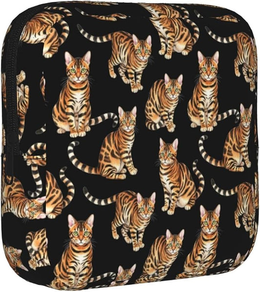 Menstrual Pad Pouch Watercolor Tiger Stripe Cat, Reusable Feminine Hygiene Bag with Zipper, Compact for Ladies On the Go