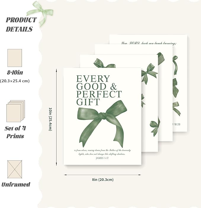 LARTSFRO Coquette Green Bow Wall Art Decor Posters, Olive Green Bow Christian Room Bedroom Bathroom Dorm Wall Art Decor Aesthetic for College Teen Girls Gifts, Inspirational Bible Verses Bow Wall Decor, 10x8 Inch Set of 4 Pcs Bow Pictures (UNFRAMED)