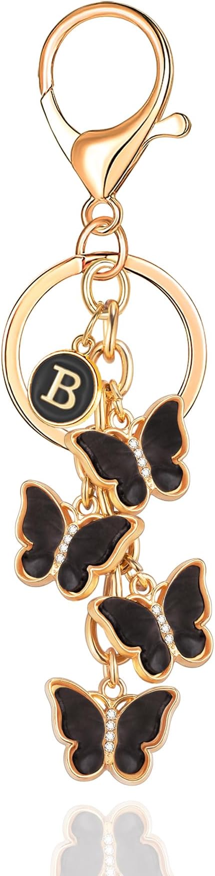 XGALBLA White Pink Black Cute Butterfly Initial Letter Keychain for Women, Butterfly Bag Charms Keyring for Handbags Backpack