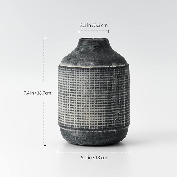 SIDUCAL Ceramic Rustic Farmhouse Vase, Sand Glaze Finish Boho Vase, Pottery Decorative Flower for Home Decor, Table, Living Room Decoration, Shelf Decor, Mantel, 7.4 Inch, Black
