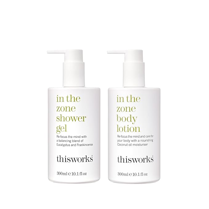 This Works In The Zone Duo – Shower Gel 300ml & Body Lotion 300ml – Balancing Bodycare with Coconut Oil, Glycerin, Eucalyptus & Frankincense to Cleanse, Nourish & Refocus the Mind