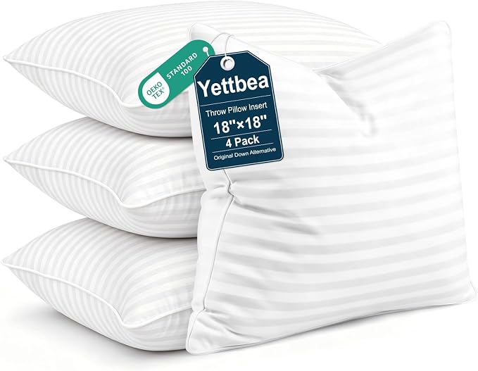 Yettbea 18x18 Inches Pillow Inserts Set of 4- Premium Soft Down Alternative Fill, Decorative Throw Pillows for Couch, Bed & Sofa, Supportive White Striped Bedroom Pillow Forms