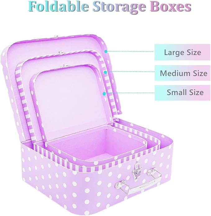 Paperboard Suitcases Set of 3, Cute Storage Box Nesting Gift Boxes with Lids for Christmas New Year, Wedding Birthday Party Home Decor, Mini Suitcase Favor Box (Purple Dots and Strips)