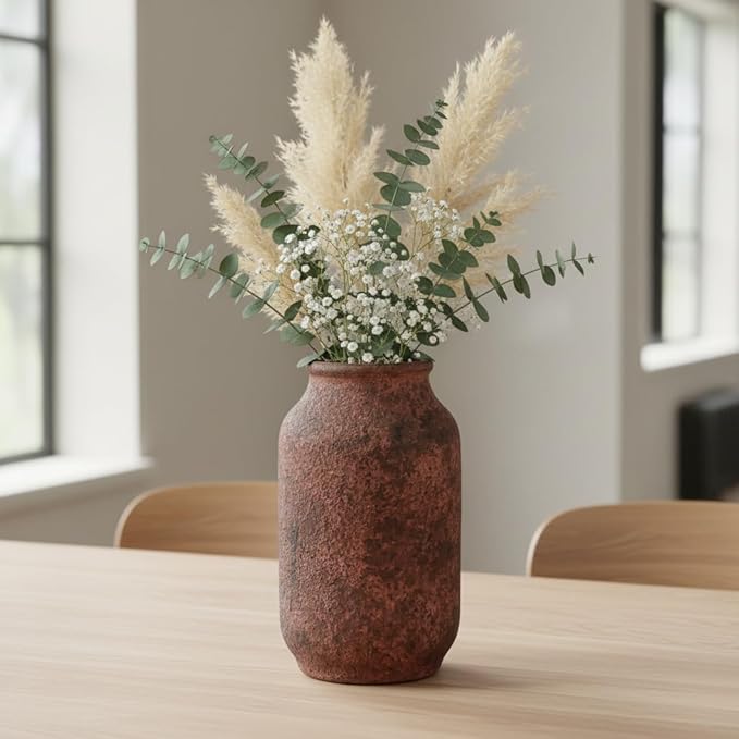 Terracotta Vase, Large Rustic Ceramic Vase, Farmhouse Decor for Living Room, Shelf, Mantle, Entryway, Room Decor, 9 Inch, Brown