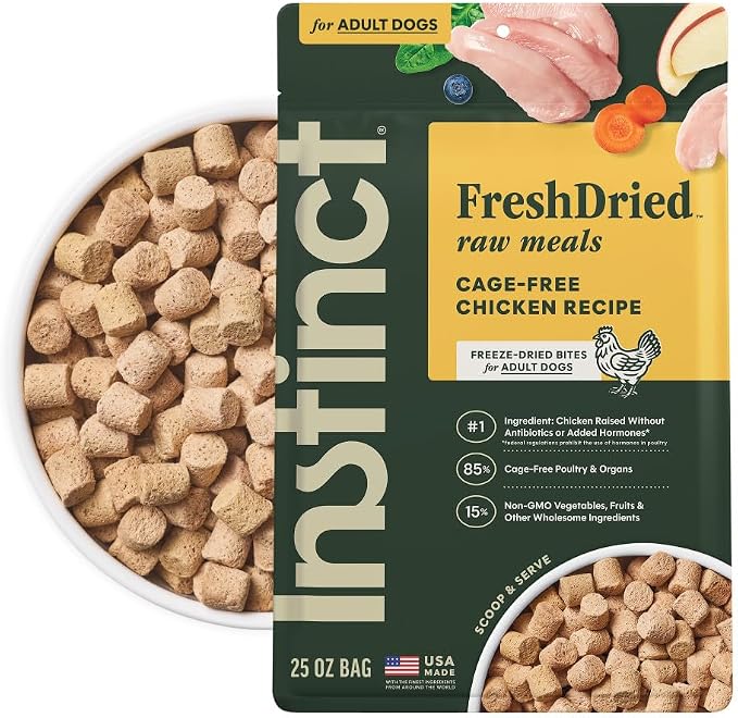 Instinct Freeze Dried Meals, Natural Dog Food, Cage-Free Chicken, 25 oz Bag | FreshDried raw, 85% meat & organs, 15% non-GMO vegetables, fruits & other wholesome ingredients, supports overall vitality