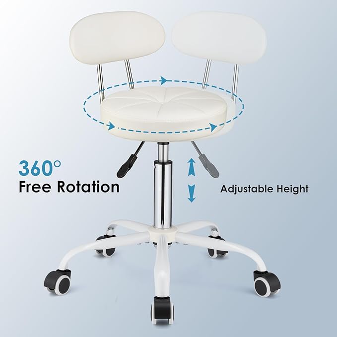PU Leather Rolling Stool with Back Support Height Adjustable Swivel Stool Chair with Wheels Drafting Chair for Spa Slaon Massage Stable Base Foot White