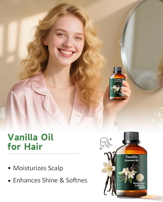 Vanilla Bean Essential Oil, for Diffuser, DIY & Skin Care, 3.38 Fl Oz | Mumianhua Vanilla Oil, Rich, Sweet, Creamy Aroma. For Perfume, Candle & Soap Making, Moisturizer & Diffusion
